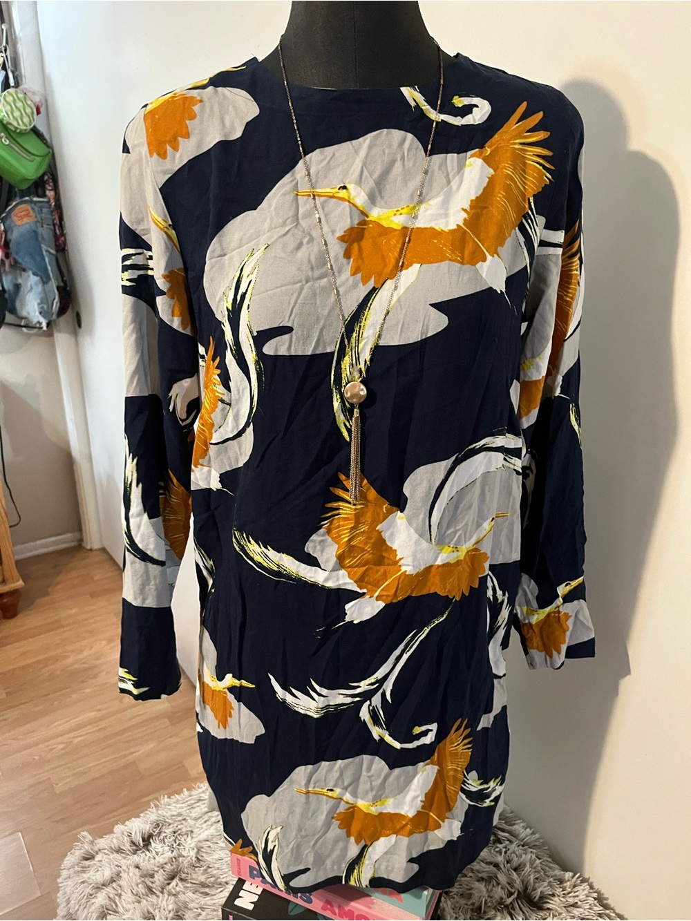 H&M Navy Blue Long Sleeve Dress with Yellow & White Crane Print